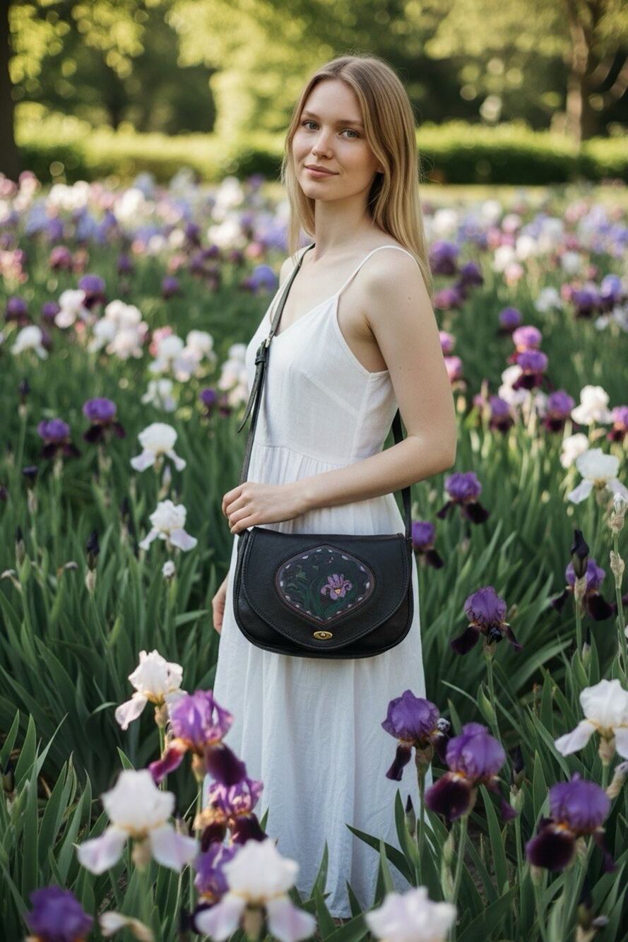 Turtle Ridge Gallery Black Carved Leather Acrylic Painted Irises Saddle Bag